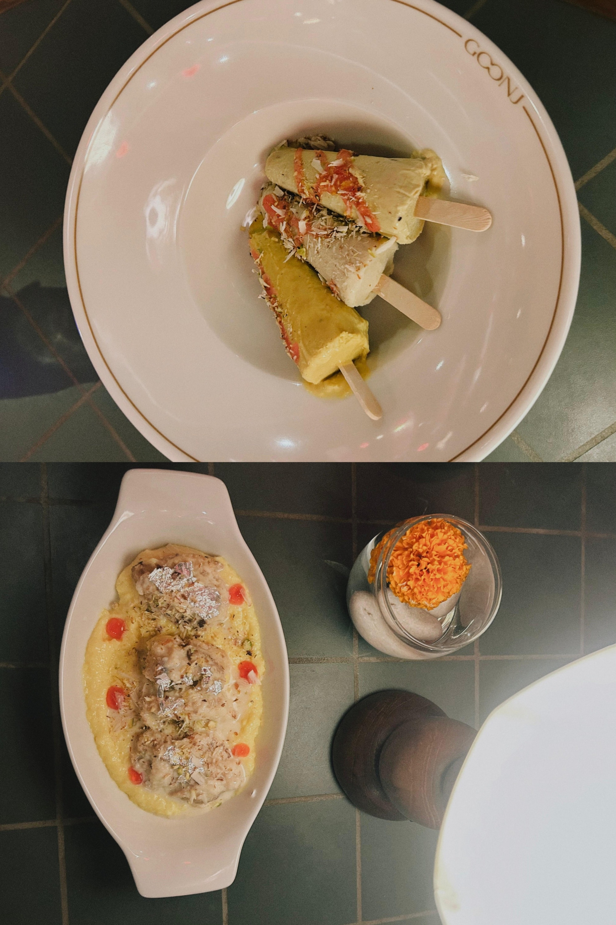 Goonj kulfi platter featuring three artisanal popsicles, alongside zafrani phirni garnished with silver leaf and nuts. (Pics: Sanya Panwar) Goonj kulfi platter featuring three artisanal popsicles, alongside zafrani phirni garnished with silver leaf and nuts. (Pics: Sanya Panwar)