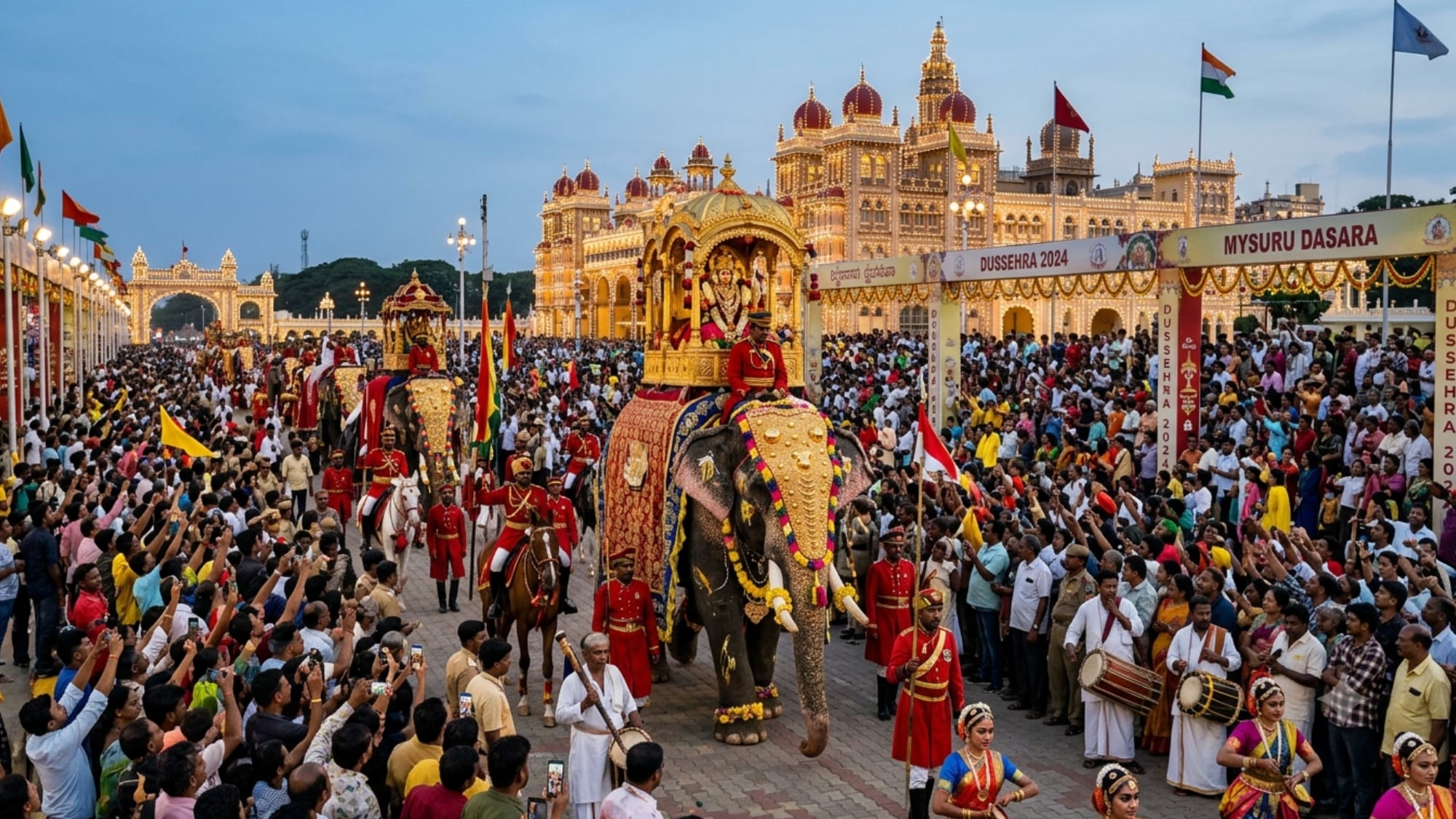 Dussehra celebrations in Mysuru. (Representational image generated using AI) Dussehra celebrations in Mysuru. (Representational image generated using AI)
