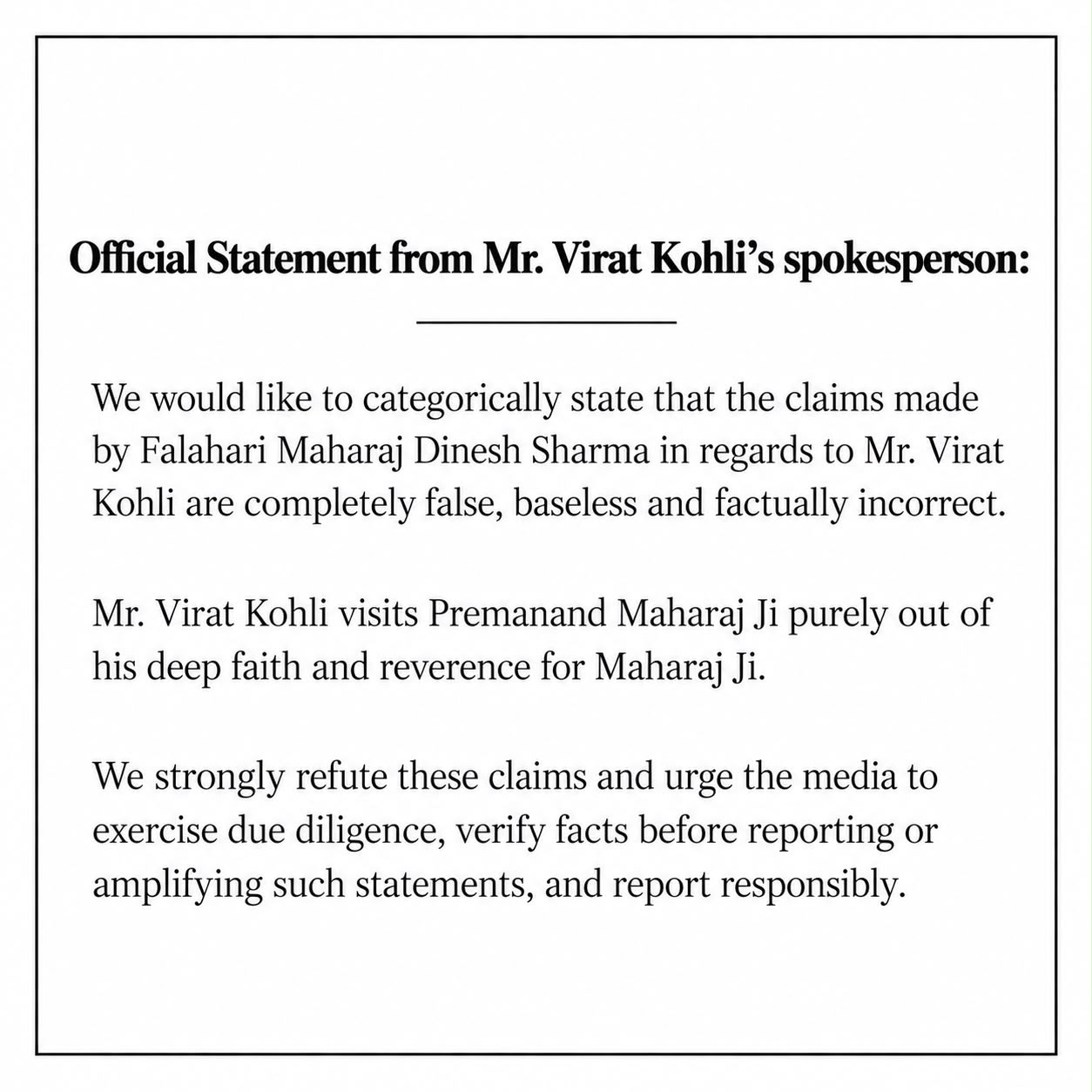 Official statement from Virat Kohli's team Official statement from Virat Kohli's team