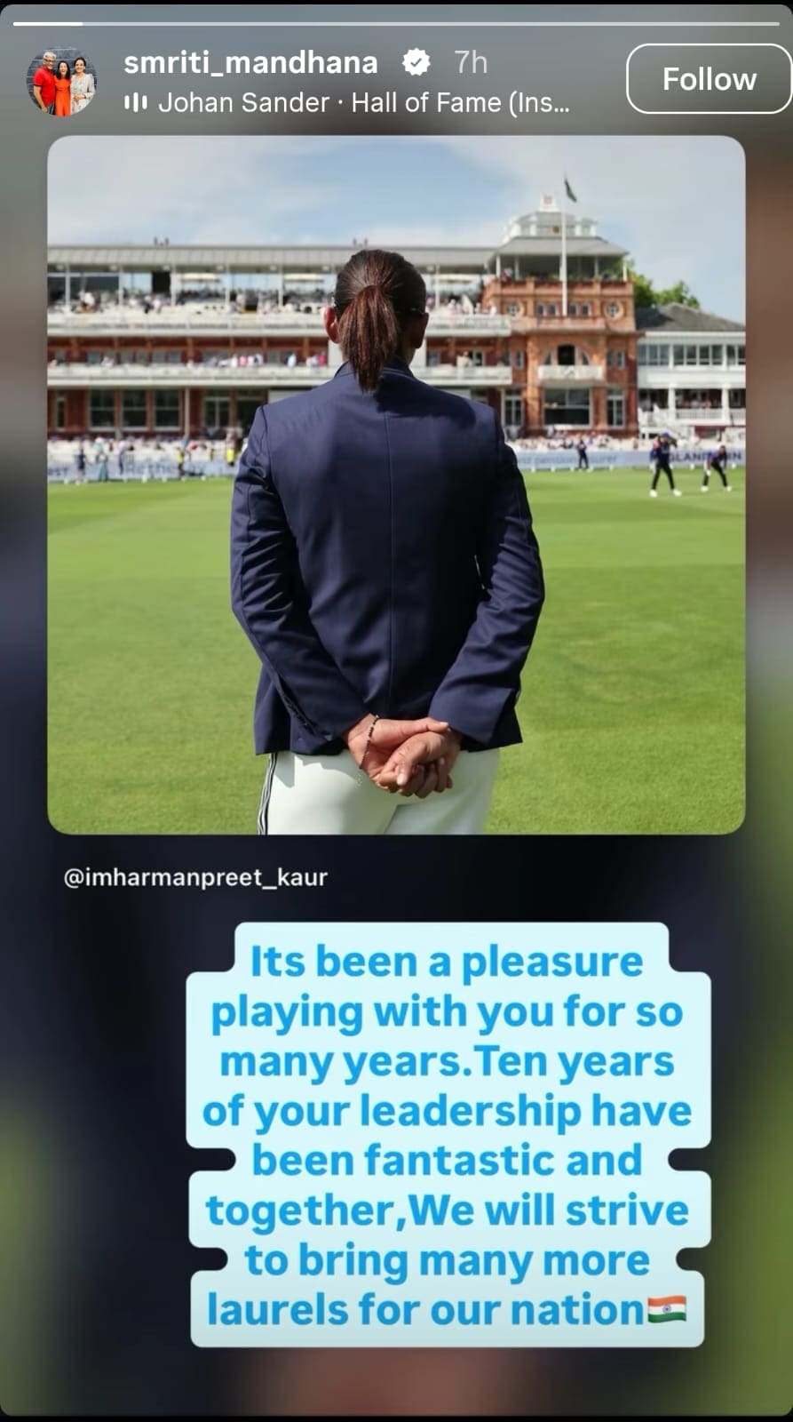 Smriti Mandhana's story for Harmanpreet Kaur. (Instagram Smriti Mandhana)