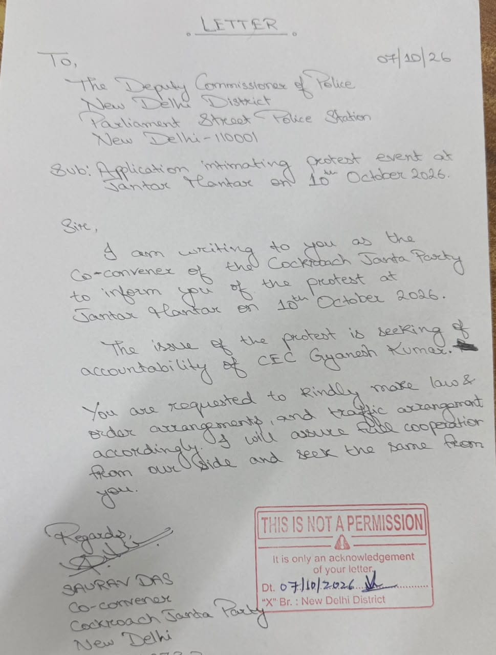 CJP's intimation letter to Delhi Police for Oct 10 protest at Jantar Mantar (HT) CJP's intimation letter to Delhi Police for Oct 10 protest at Jantar Mantar (HT)