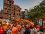 A view of NDRF, Delhi Fire Service, Civil Defence and Delhi Police personnel carrying out rescue operations after a five-storey building collapsed in the Seemapuri area of New Delhi on October 7 (RAJ K RAJ /HT PHOTO)