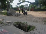 An open road gullie in front of Anuj Rajput Memorial in Sector 10, Panchkula. (Sant Arora/ HT)