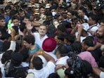 Congress leaders Rahul Gandhi and Priyanka Gandhi Vadra staging a sit-in against Chief Election Commissioner Gyanesh Kumar on Wednesday. (PTI)