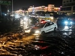 Floodwaters from the swollen Gomti reaching roads near a prominent mall near the Atal Bihari Vajpayee Ekana Cricket Stadium on Shaheed Path in Lucknow.