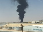 Large plume of black smoke rises from the fuel storage area at King Khalid International Airport, in Riyadh, Saudi Arabia.
