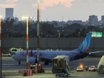 A plane, carrying passengers who were on the FlyDubai aircraft bound for Israel from the United Arab Emirates, which was diverted to Saudi Arabia following an emergency signal, on the tarmac as it arrives at the Ben Gurion International Airport, in Lod, near Tel Aviv, Israel. (REUTERS)