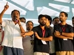 Bengaluru CJP protest LIVE updates: Indian actor Prakash Raj, left, speaks as Abhijeet Dipke, founder of Cockroach Janta Party, center,gestures during a protest gathering demanding the resignation of the country's election chief Gyanesh Kumar, in Bengaluru, India, Thursday, Oct. 8, 2026.