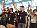 YouTuber Dhruv Rathee, centre, and others during a protest against CEC Gyanesh Kumar over the Special Intensive Revision (SIR) of electoral rolls, in Bengaluru.