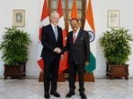 National Security Advisor (NSA) Ajit Doval (right) during a meeting with senior Diplomatic and International Affairs Advisor to the Prime Minister of Canada David Morrison, in New Delhi.