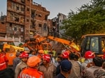 A view of NDRF, Delhi Fire Service, Civil Defence and Delhi Police personnel carrying out rescue operations after a five-storey building collapsed in the Seemapuri area of New Delhi.