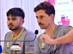 Siddhesh Lad, captain of Mumbai, and vice-captain Ayush Mhatre address the pre-season press conference organized by the Mumbai Cricket Association at Wankhede Stadium ahead of the 2026-27 Ranji Trophy season, in Mumbai, India.(Anshuman Poyrekar/HT Photo)