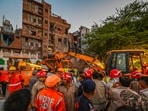 The NDRF, Delhi Fire Service, Civil Defence and Delhi Police personnel carry out rescue operations after a building collapsed in the Seemapuri area of New Delhi. (Raj K Raj/HT photo)