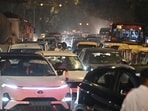 Traffic was further disrupted as protesters, including parliamentarians of the INDIA bloc, marched towards Jantar Mantar. (Sanchit Khanna/HT PHOTO)