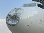 The damaged nose section of the IndiGo plane. (SOURCED IMAGE)
