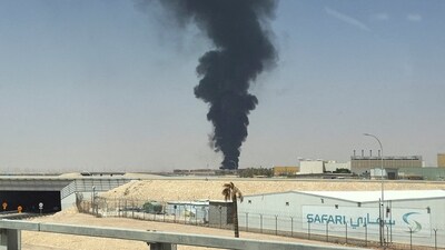 Large plume of black smoke rises from the fuel storage area at King Khalid International Airport, in Riyadh, Saudi Arabia. (REUTERS)