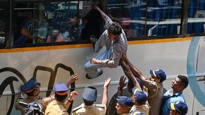 Mumbai, India. Oct 10, 2026 - Tribal students who marched from Nashik to Mumbai demanding basic facilities in their schools and hostels were detained by police at Tilak Bhavan, the Congress’s Maharashtra headquarters, and taken out of the city. The action came after the students insisted on meeting Governor Jishnu Dev Verma and were denied permission to hold a protest at Azad Maidan. Mumbai, India. Oct 10, 2026. (Photo by Raju Shinde/HT Photo) (Raju Shinde) Mumbai, India. Oct 10, 2026 - Tribal students who marched from Nashik to Mumbai demanding basic facilities in their schools and hostels were detained by police at Tilak Bhavan, the Congress’s Maharashtra headquarters, and taken out of the city. The action came after the students insisted on meeting Governor Jishnu Dev Verma and were denied permission to hold a protest at Azad Maidan. Mumbai, India. Oct 10, 2026. (Photo by Raju Shinde/HT Photo) (Raju Shinde)