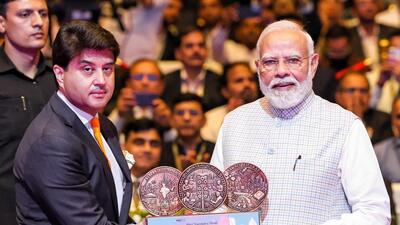 PM Narendra Modi with Union minister Jyotiraditya Scindia at the India Mobile Congress 2026 in New Delhi on Thursday. (DPR PMO)