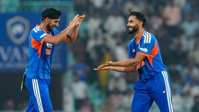 India's Naman Dhir (R) celebrates with Arshdeep Singh after taking the wicket of West Indies' Romario Shepherd during the first T20I against West Indies, in Lucknow. (PTI)