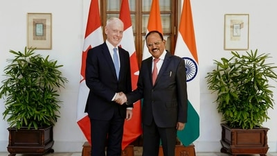 National Security Advisor (NSA) Ajit Doval (right) during a meeting with senior Diplomatic and International Affairs Advisor to the Prime Minister of Canada David Morrison, in New Delhi. (MEA via PTI) National Security Advisor (NSA) Ajit Doval (right) during a meeting with senior Diplomatic and International Affairs Advisor to the Prime Minister of Canada David Morrison, in New Delhi. (MEA via PTI)