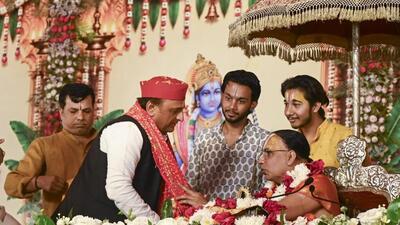 Samajwadi Party national president Akhilesh Yadav during a religious event in Ayodhya on Thursday. (PTI PHOTO)