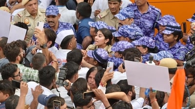 Protesters and police clash during the INDIA bloc protest in Connaught Place, New Delhi. (Photo by Sanchit Khanna / Hindustan Times) Protesters and police clash during the INDIA bloc protest in Connaught Place, New Delhi. (Photo by Sanchit Khanna / Hindustan Times)