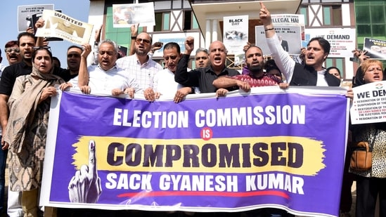 Congress workers raise a slogan during a protest against Chief Election Commissioner Gyanesh Kumar, in Srinagar on Thursday. (ANI Photo)
