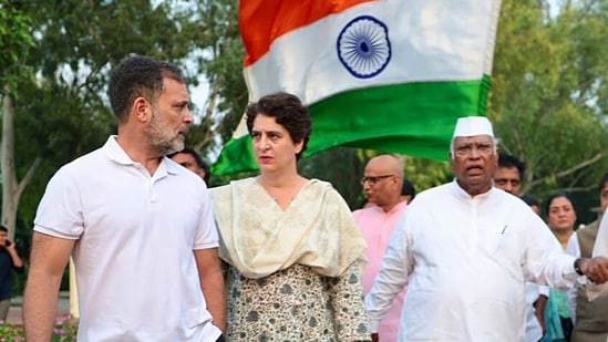 Congress chief-Rajya Sabha LoP Mallikarjun Kharge, Lok Sabha LoP Rahul Gandhi, Congress MP Priyanka Gandhi Vadra and other INDIA bloc leaders arrive to pay tribute to Mahatma Gandhi at Raj Ghat, in New Delhi on Thursday.