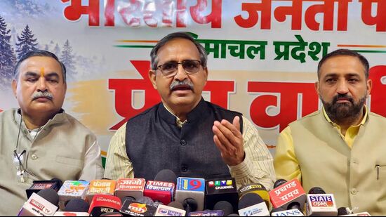 BJP’s state media in-charge and Shri Naina Devi MLA Randhir Sharma during a press confernce in Shimla.