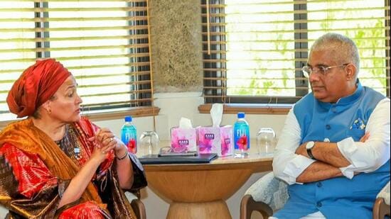 Bhupender Yadav during a meeting with UN Deputy Secretary-General Amina J. Mohammed on sidelines of Pre-COP, in Nadi, Fiji. (PTI photo)