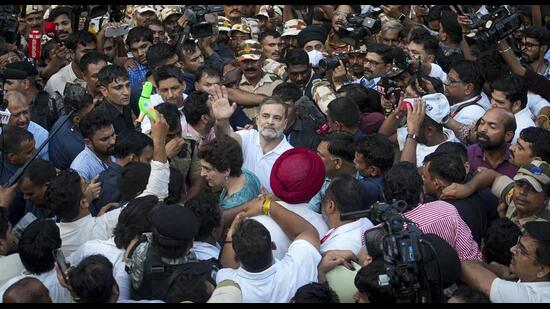 Congress leaders Rahul Gandhi and Priyanka Gandhi Vadra staging a sit-in against Chief Election Commissioner Gyanesh Kumar on Wednesday. (PTI)