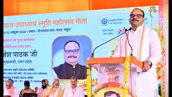 Deputy chief minister Brajesh Pathak at Deendayal Upadhyay Dham in Farah town, Mathura, on Thursday. (Sourced)