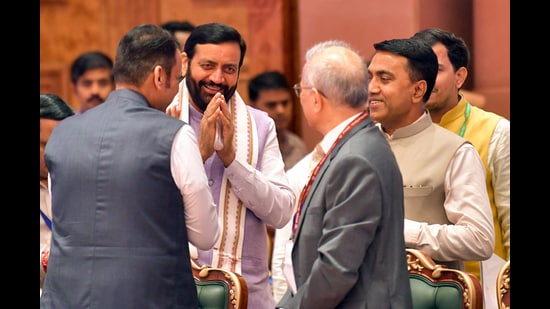 Haryana CM Nayab Singh Saini and other dignitaries during the 57th Goods and Services Tax (GST) Council meeting, in New Delhi on Thursday. (ANI)
