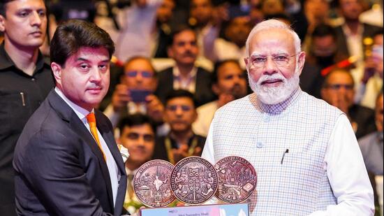 PM Narendra Modi with Union minister Jyotiraditya Scindia at the India Mobile Congress 2026 in New Delhi on Thursday. (DPR PMO)