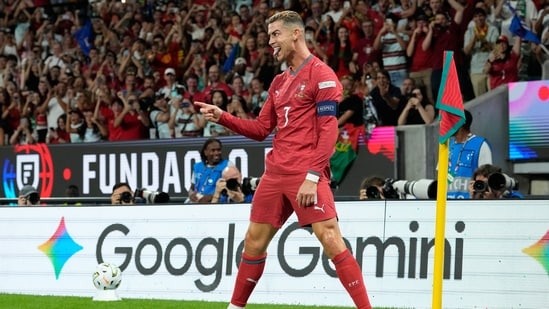 Portugal's Cristiano Ronaldo reacts after scoring a goal which was then disallowed after a VAR check during the Nations League soccer match between Portugal and Wales