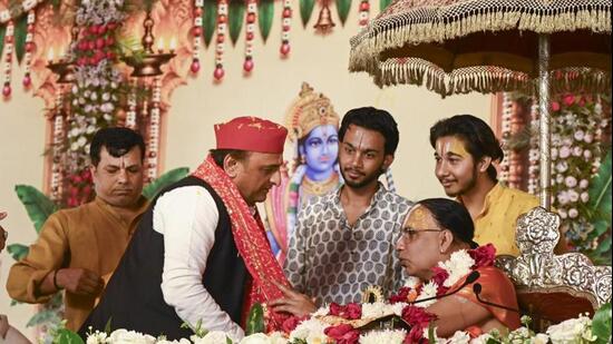 Samajwadi Party national president Akhilesh Yadav during a religious event in Ayodhya on Thursday. (PTI PHOTO)