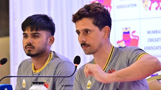 Siddhesh Lad, captain of Mumbai, and vice-captain Ayush Mhatre address the pre-season press conference organized by the Mumbai Cricket Association at Wankhede Stadium ahead of the 2026-27 Ranji Trophy season, in Mumbai, India.