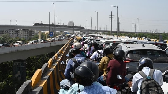 Traffic jam on Delhi’s newly-opened Barapullah Phase-III flyover on Monday. 