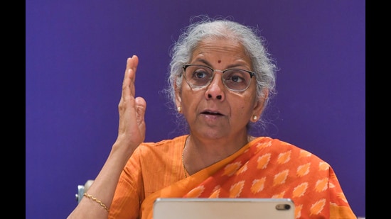 Union finance and corporate affairs ninister Nirmala Sitharaman during a press conference after the 57th Goods and Services Tax (GST) Council Meeting at Bharat Mandapam, in New Delhi on Thursday. (ANI)