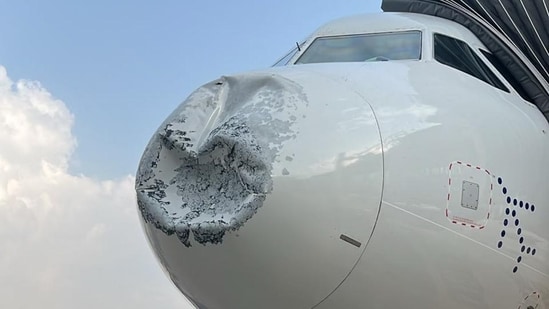 The damaged nose section of the IndiGo plane. (SOURCED IMAGE)