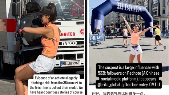 Yuanyuan Sun was photographed hitching a ride on a bike during the Berlin Marathon.