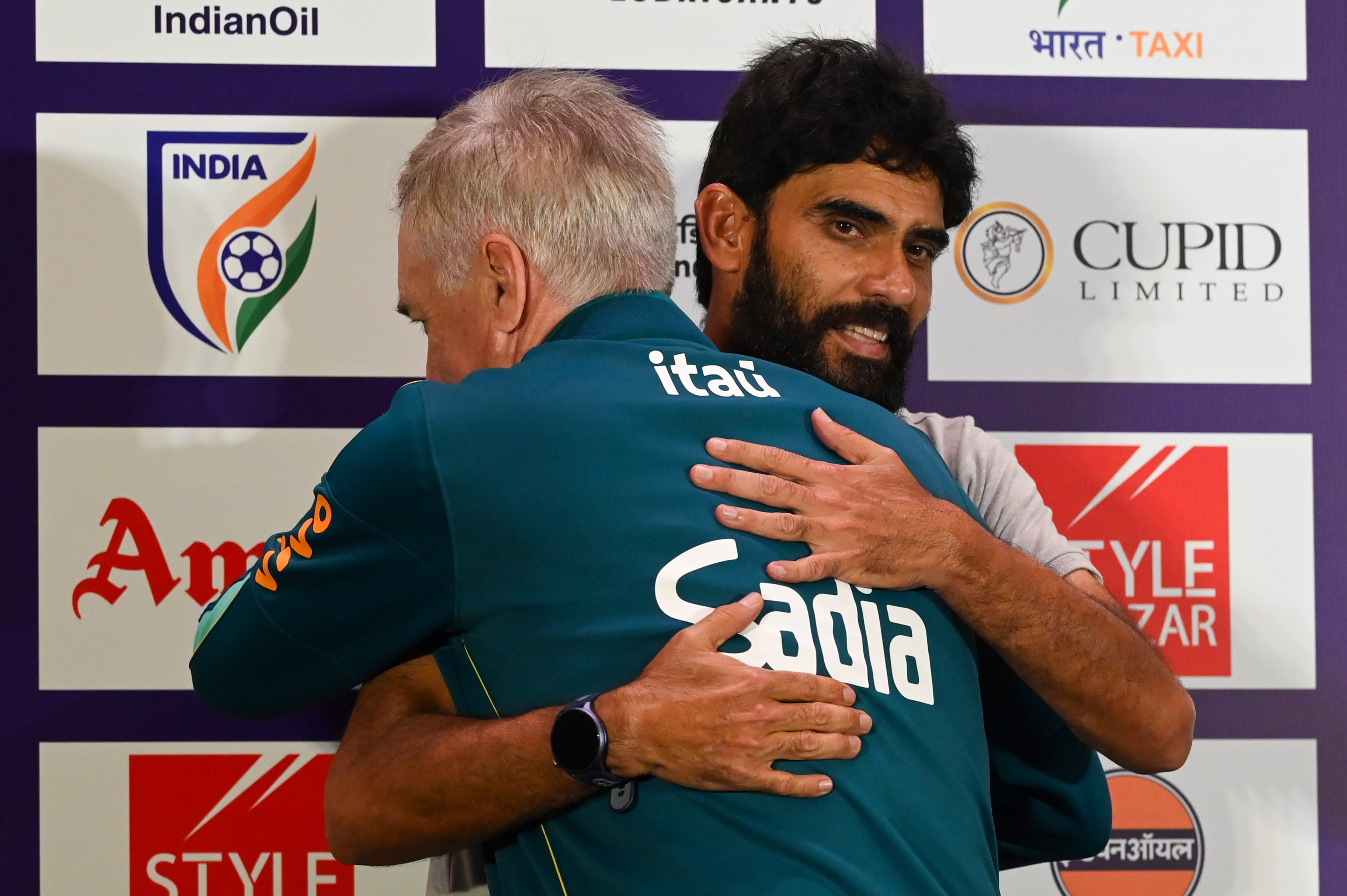 A hug that bridged a gap of 132 places in the FIFA rankings. (Samir Jana/HT) A hug that bridged a gap of 132 places in the FIFA rankings. (Samir Jana/HT)