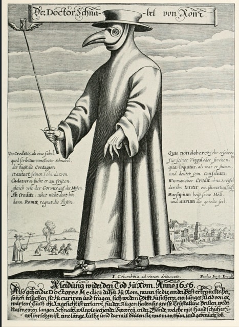 Satirical Copper engraving of a plague doctor of 17th-century Rome, by Paulus Fürst, 1656. Satirical Copper engraving of a plague doctor of 17th-century Rome, by Paulus Fürst, 1656.