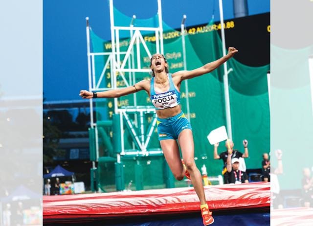 Pooja Singh jumped an impressive 1.93m at the Asian U20 Athletics Championships in May. (INSTAGRAM/@OFFICIALPOOJA_HJ) Pooja Singh jumped an impressive 1.93m at the Asian U20 Athletics Championships in May. (INSTAGRAM/@OFFICIALPOOJA_HJ)