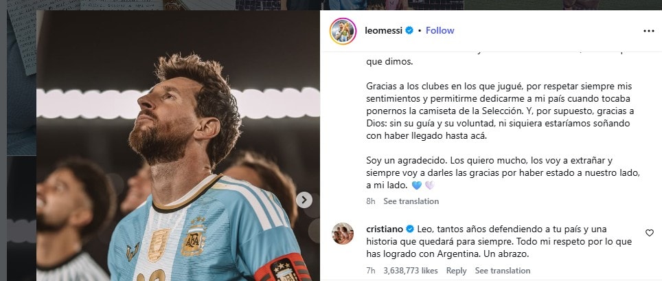 Screenshot of Cristiano Ronaldo's message to Lionel Messi