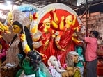 Gram it: An artisan gives finishing touches to idols of Durga, Lakshmi, Saraswati, Kartikeya, Ganesha and Mahishasura. Ahead of the Durga Puja festivities (October 17 to 21), this workshop in Noida’s Sector 31 is abuzz with activity as preparations begin soon for Durgotsava or Sharadotsava, which celebrates goddess Durga’s victory over the demon Mahishasura.