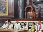AICC President Mallikarjun Kharge, Lok Sabha LoP Rahul Gandhi, TMC chief Mamata Banerjee, NCP-SCP MP Supriya Sule and INDIA bloc MPs at the Parliament's Central Hall ahead of their meeting with President Droupadi Murmu over the Election Commission of India's functioning, in New Delhi on Friday. (Congress MP)