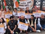 Congress leaders and workers during a protest in Shimla on Thursday. (Deepak Sansta/HT)