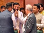 Haryana CM Nayab Singh Saini and other dignitaries during the 57th Goods and Services Tax (GST) Council meeting, in New Delhi on Thursday. (ANI)
