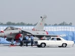 Amar Preet Singh, chief of the Air Staff of India, leaves in the Ford Saloon after the 94th Air Force Day parade, at Hindon Air Force Station in Ghaziabad.
